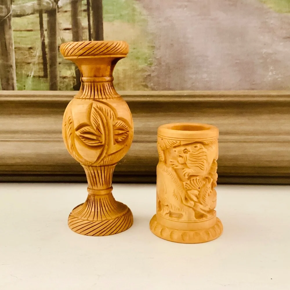 Handcrafted Carved Wooden Vase Pencil Holder Gift Set Of 2 Office Décor Vintage